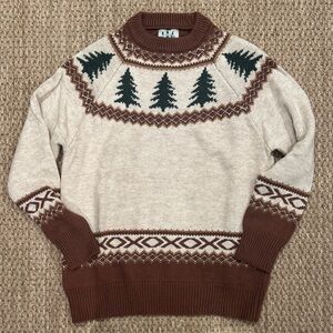 Kiel James Patrick Cream and Brown Tree Pattern Crewneck Sweater